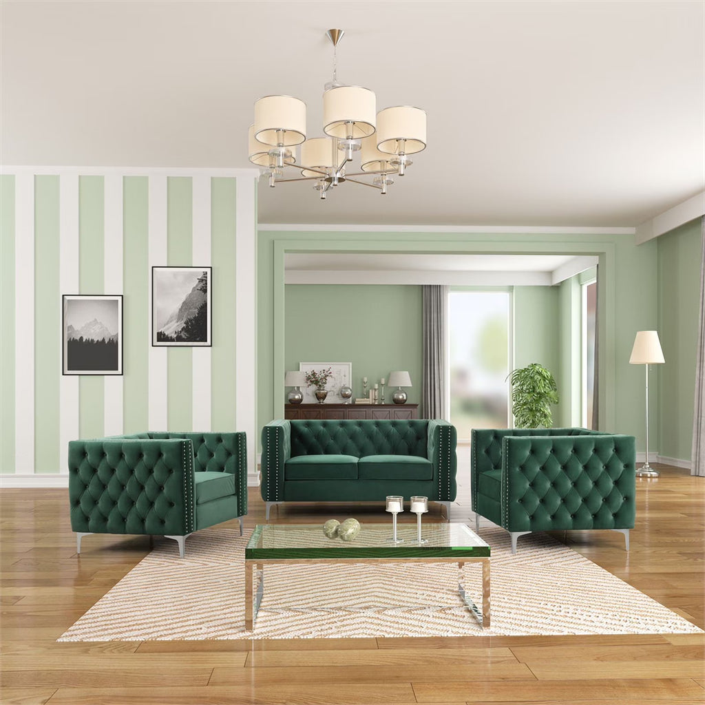 Dark Green 3-PC Velvet Loveseat and 2 Chairs Set A87153