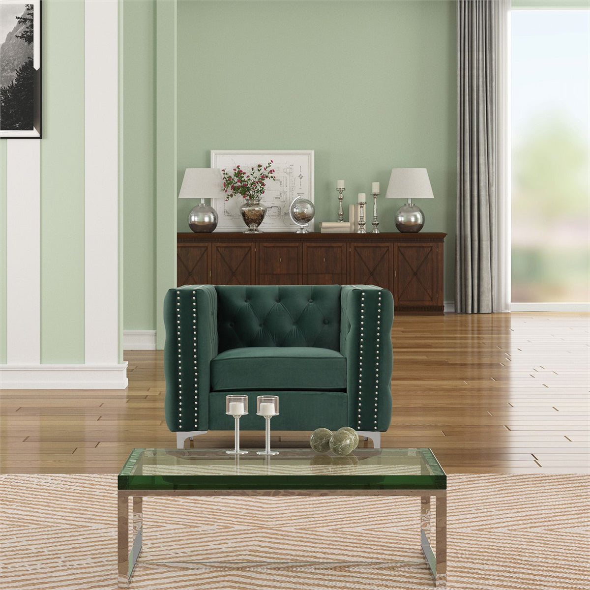 Dark Green 3-PC Velvet Loveseat and 2 Chairs Set A87153