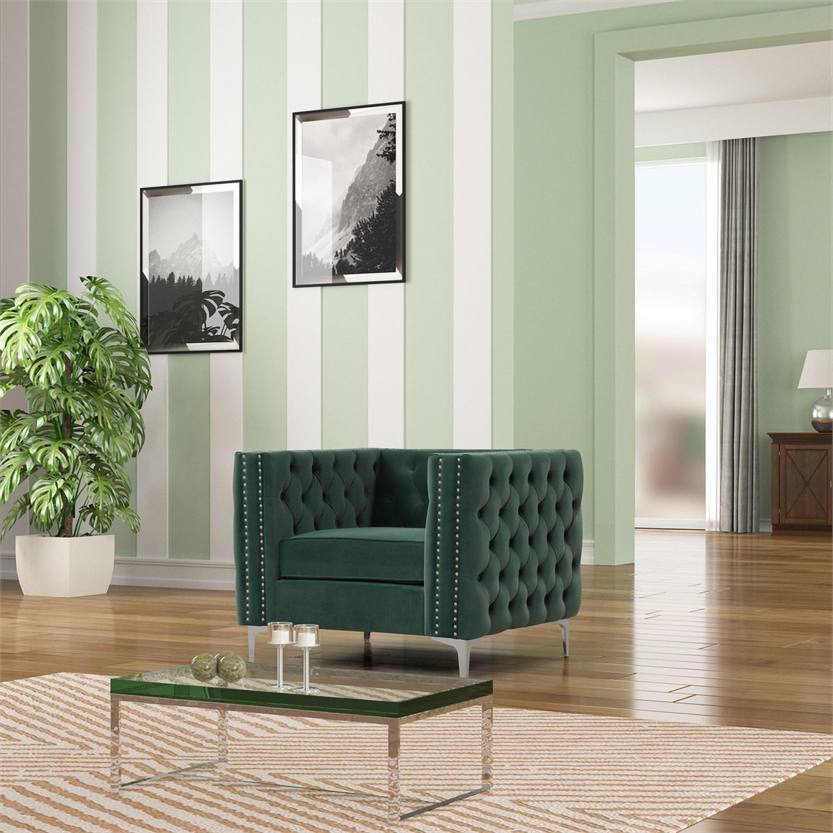Dark Green 3-PC Velvet Loveseat and 2 Chairs Set A87153